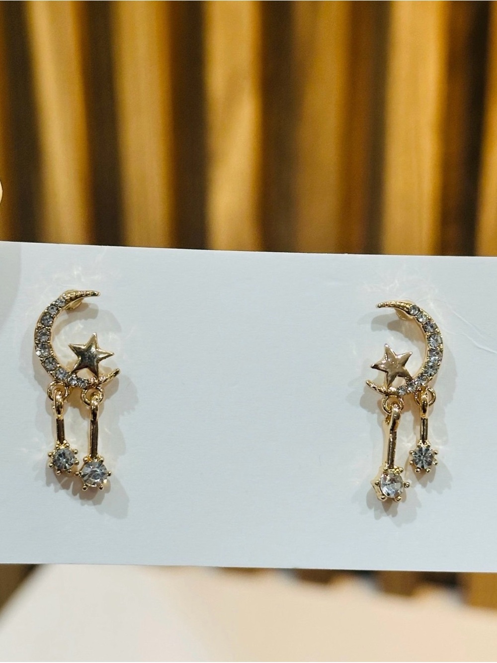 Gold Crystal Crescent Moon & Star Dangle Earrings Celestial Jewelry
